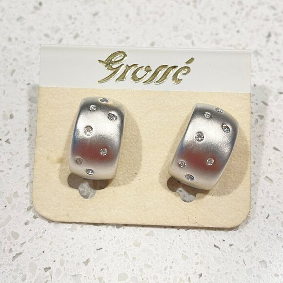 NWT Vintage Grossé Clip-On Hoop Earrings Silver With Crystals - Picture 1 of 6